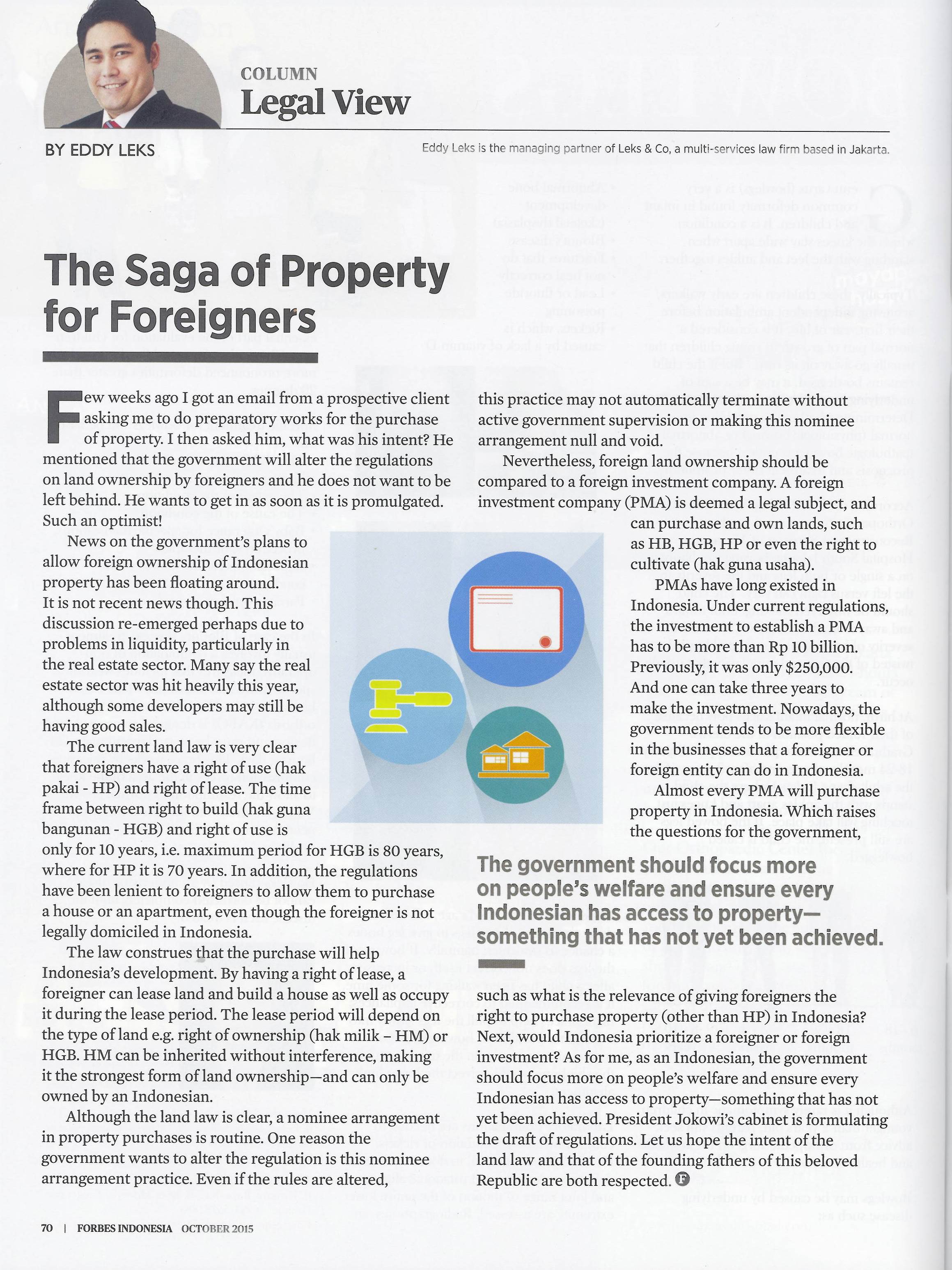 Legal View by Eddy Leks in Forbes Indonesia (October 2015)