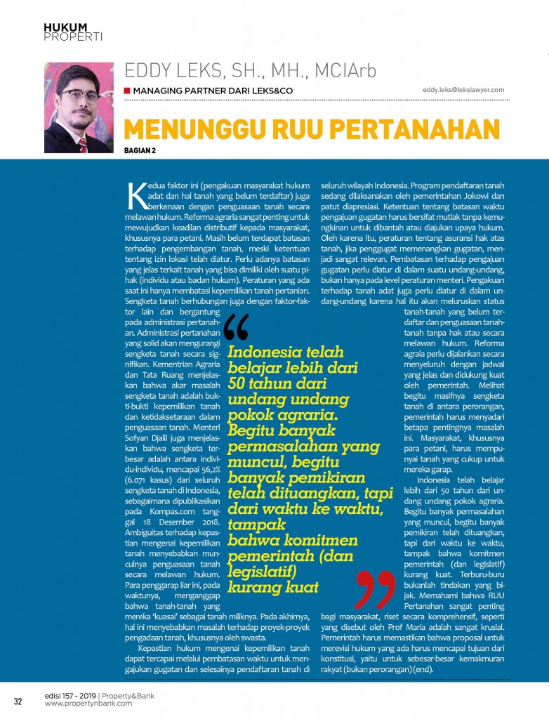 Menunggu RUU Pertanahan bagian 2 Eddy Leks Property and Bank Megazine